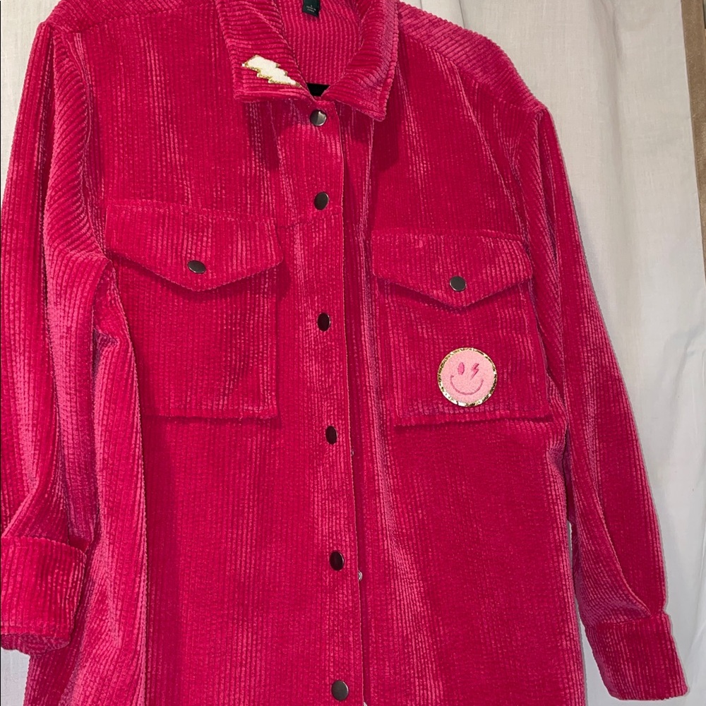 NIRVANA UPCYCLE HANDMADE REPURPOSED JACKET SHACKET Bright Pink snap front OSFM - Picture 4 of 5